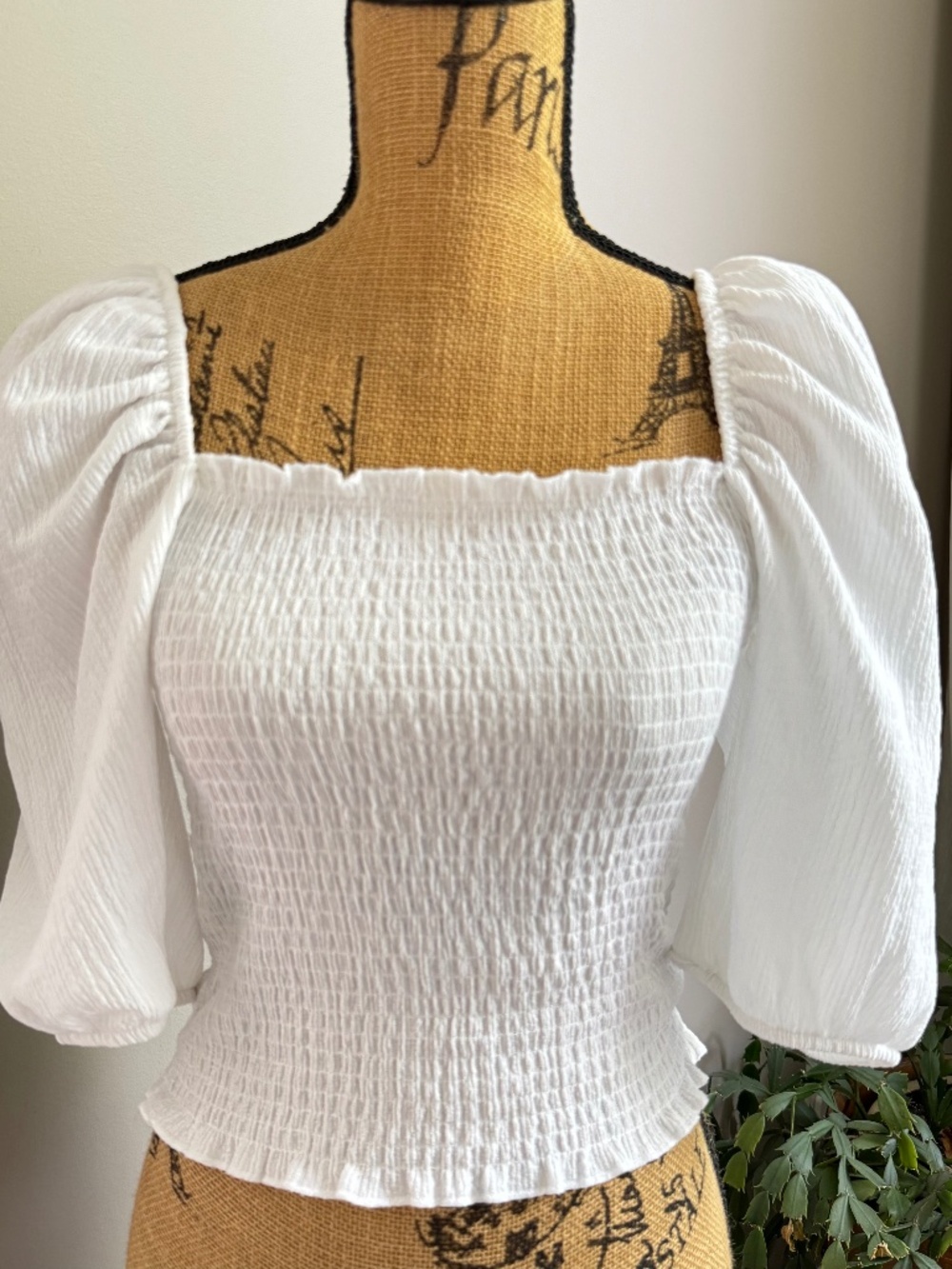 H&M White Smocked Puff Sleeve Top | Cottagecore Prairie Milkmaid Blouse Small
